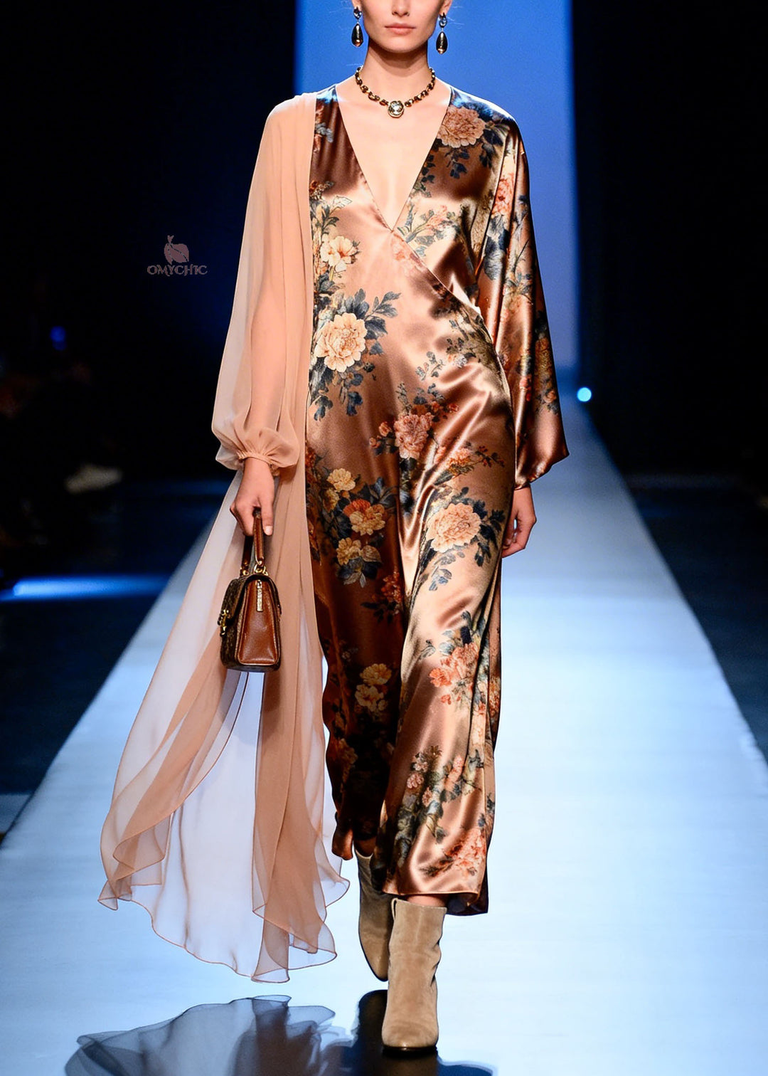 French V Neck Print Patchwork Silk Dresses Spring