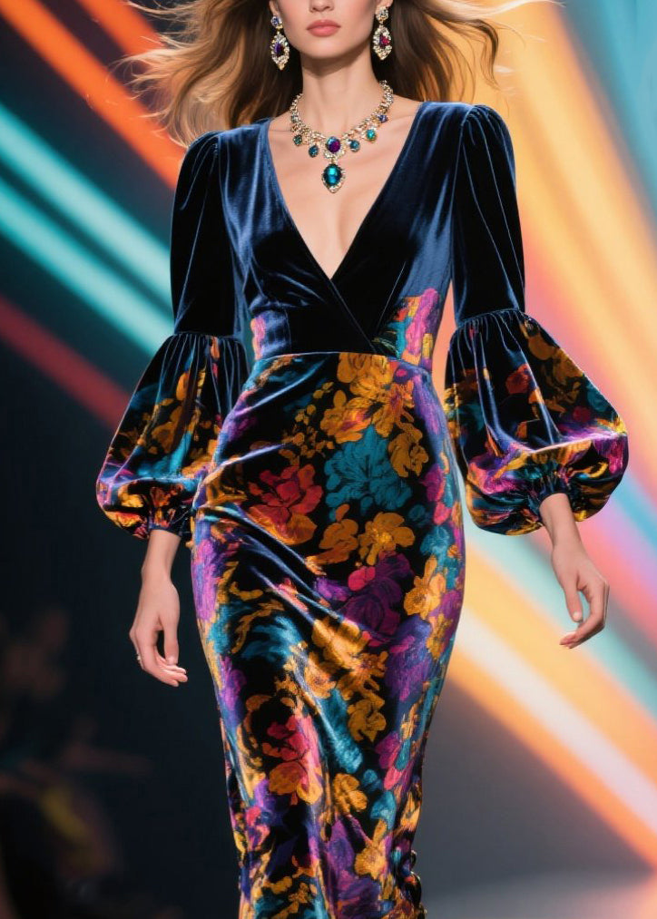 French V Neck Print Patchwork Velvet Long Dress Lantern Sleeve