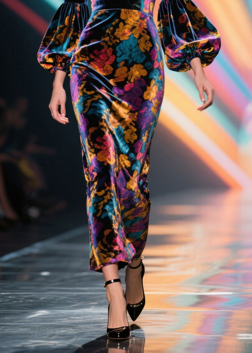 French V Neck Print Patchwork Velvet Long Dress Lantern Sleeve