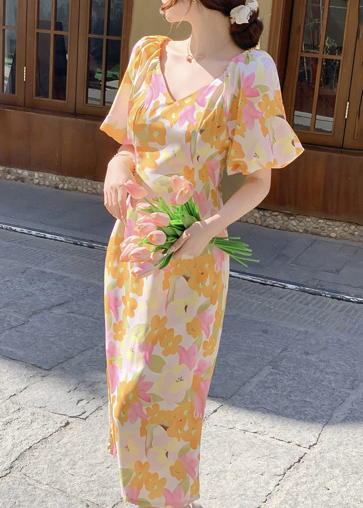 French V Neck Print Side Open Cotton Long Dress Summer