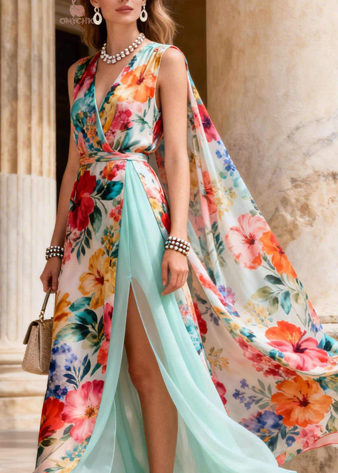 French V Neck Print Side Open Patchwork Chiffon Dresses Summer