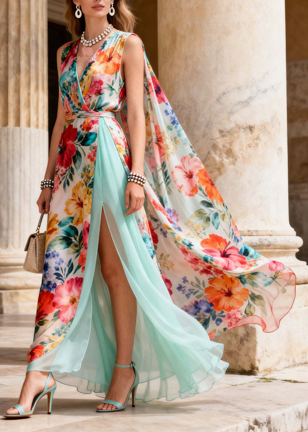 French V Neck Print Side Open Patchwork Chiffon Dresses Summer