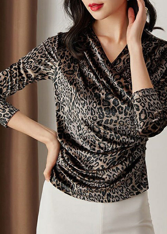 French V Neck Print Silk Velour Top Long Sleeve