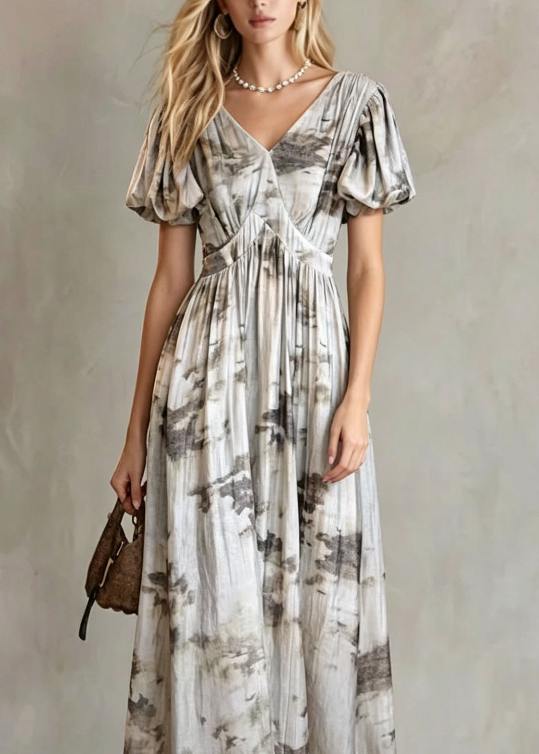 French V Neck Puff Sleeve Print Wrinkled Cotton Long Dress