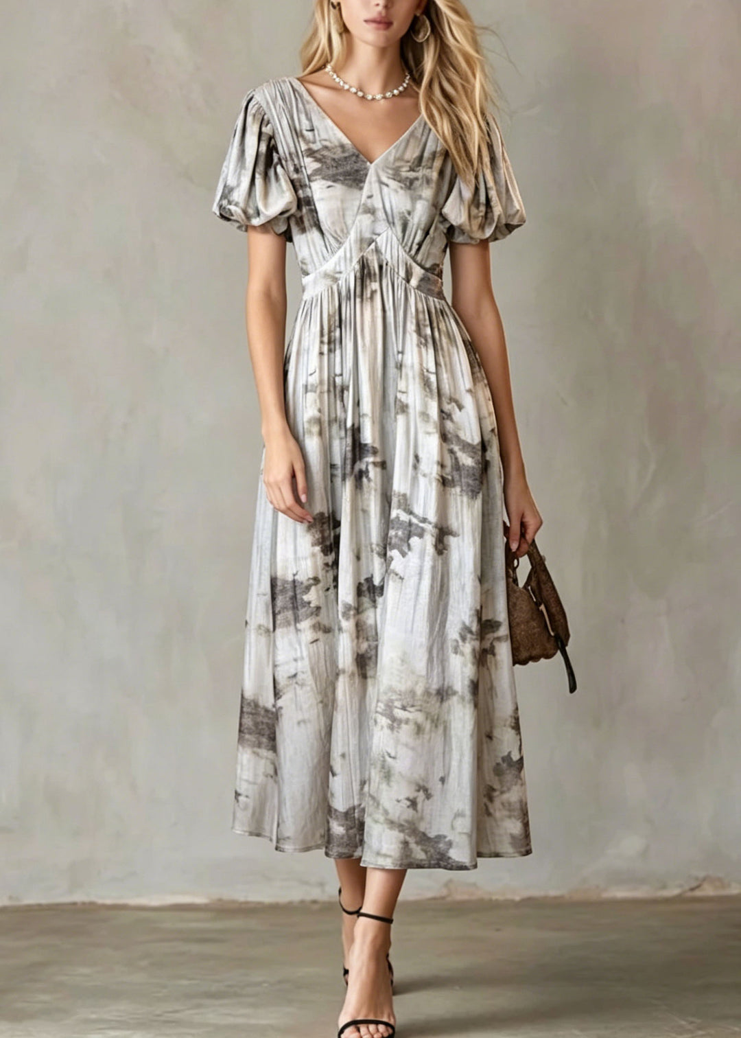 French V Neck Puff Sleeve Print Wrinkled Cotton Long Dress