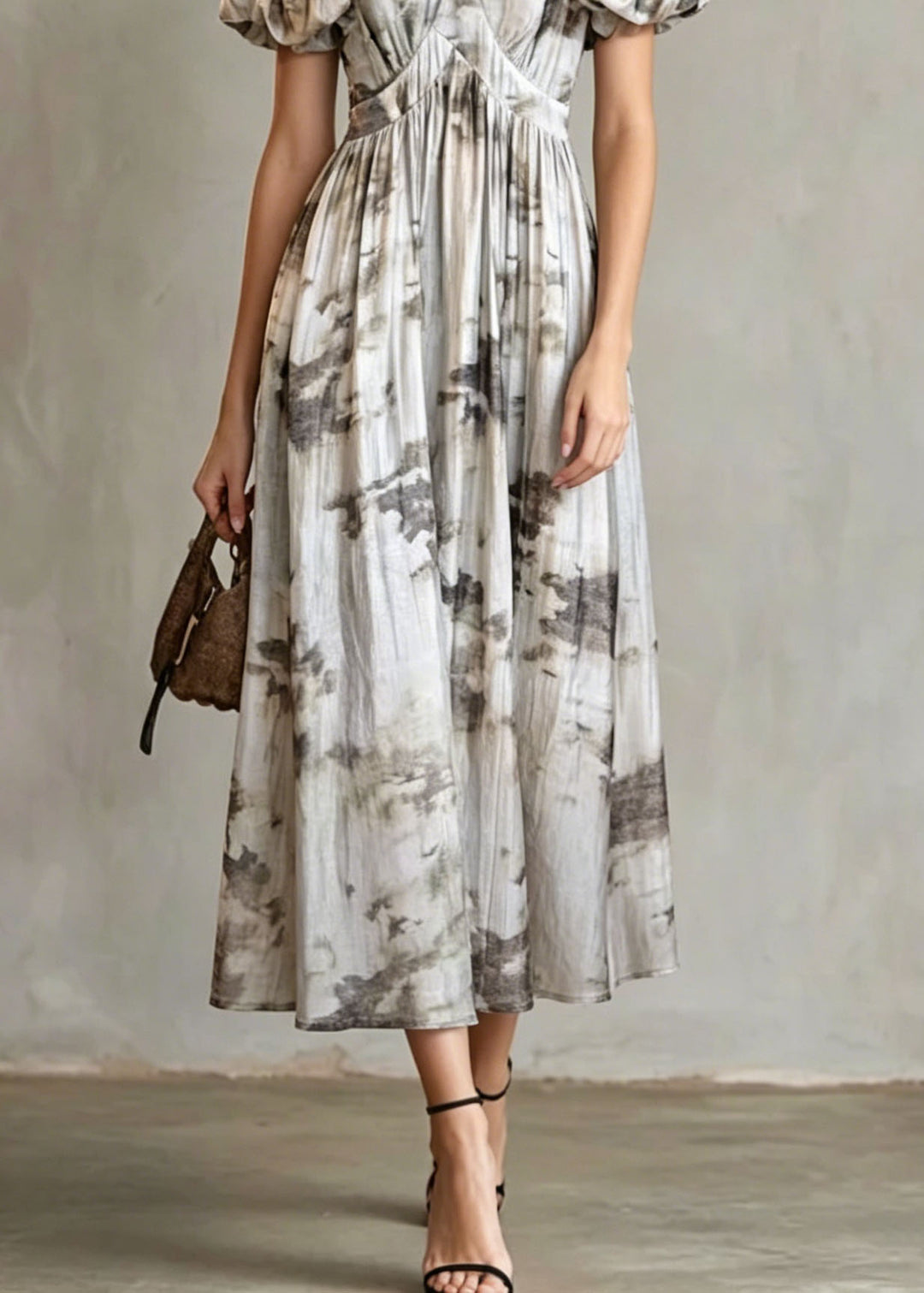 French V Neck Puff Sleeve Print Wrinkled Cotton Long Dress
