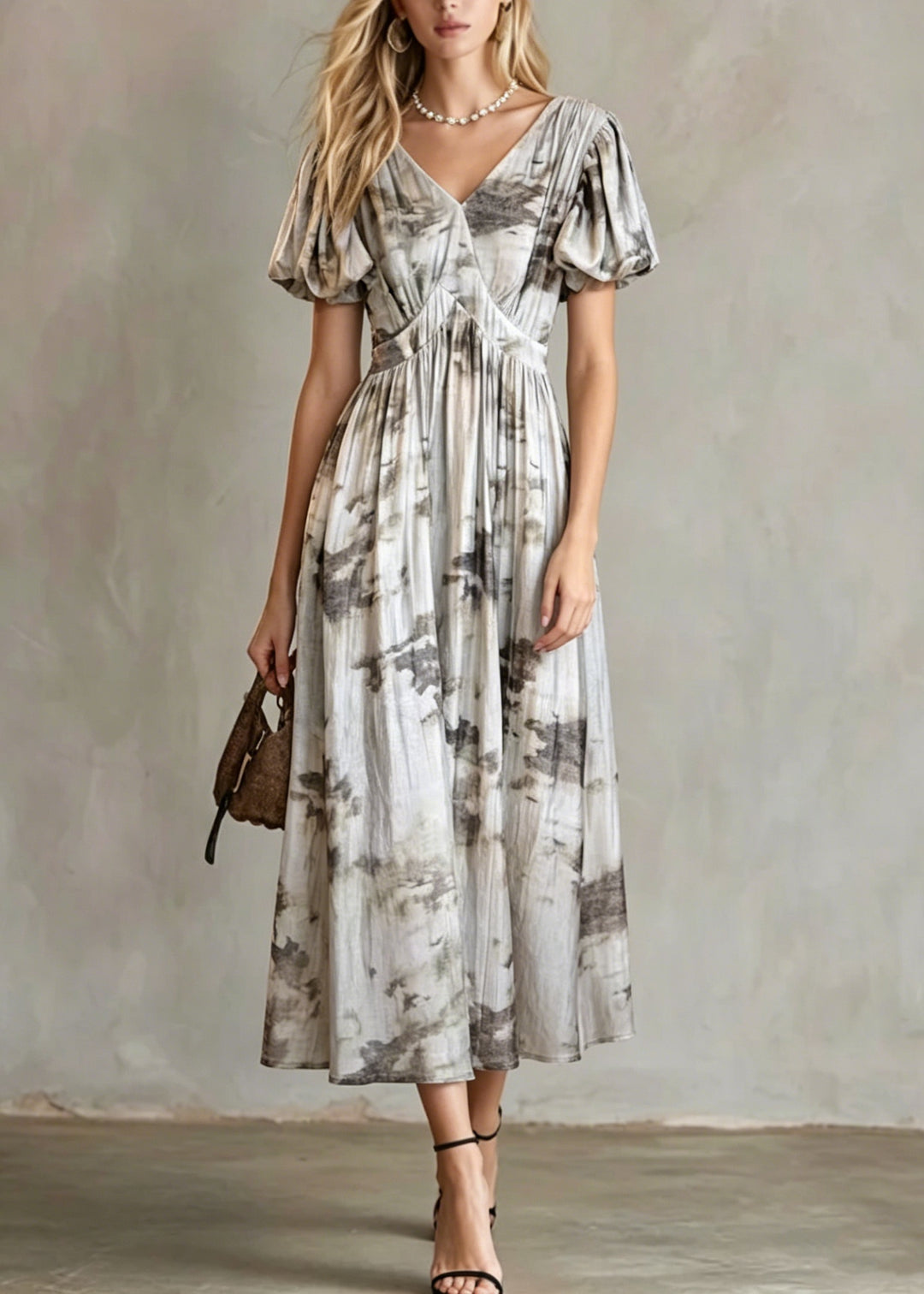 French V Neck Puff Sleeve Print Wrinkled Cotton Long Dress