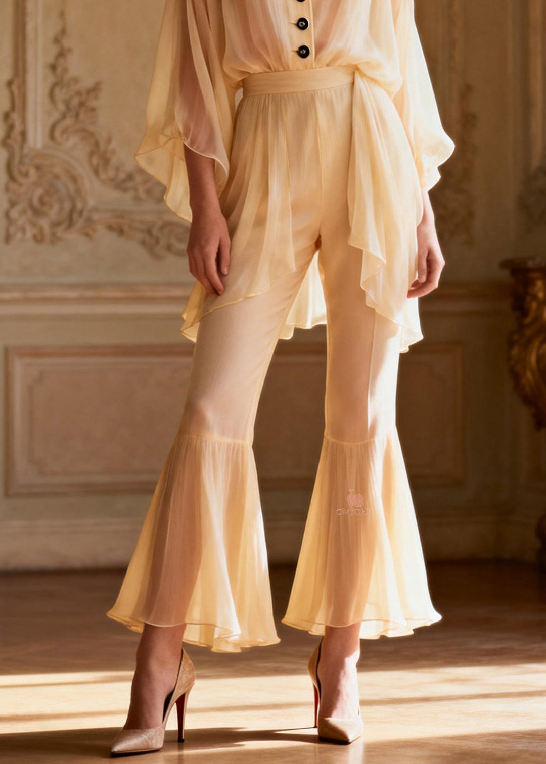 French V Neck Ruffled Patchwork Silk Two Piece Set Outfits Summer