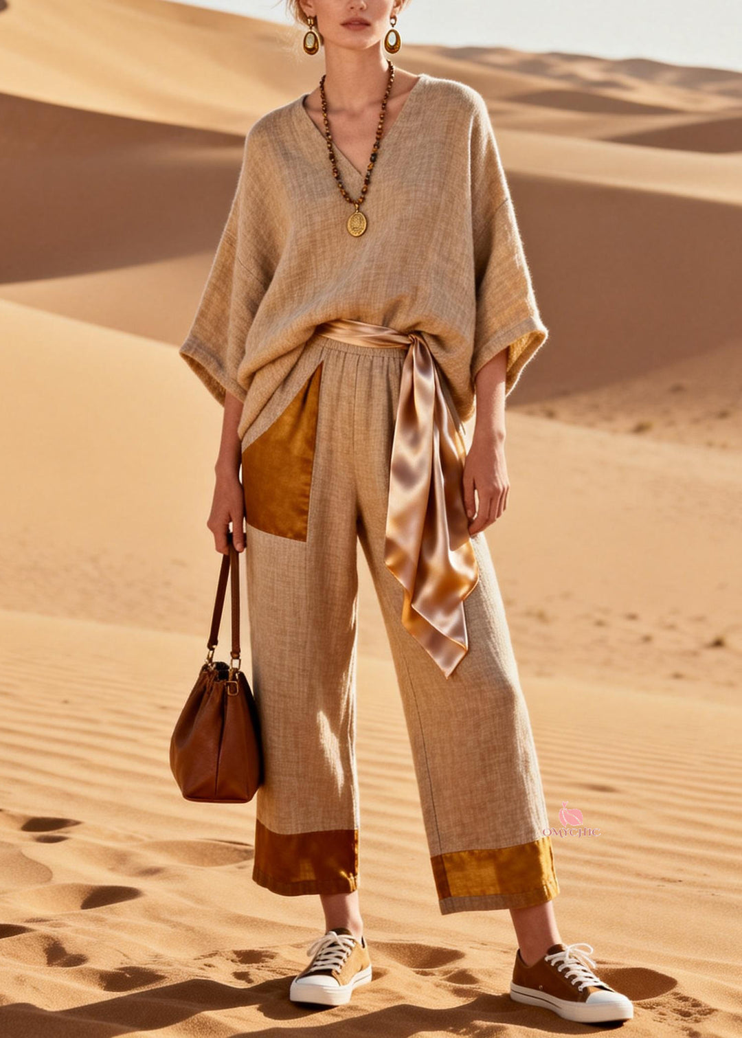 French V Neck Silk Patchwork Linen Two Pieces Set Bracelet Sleeve