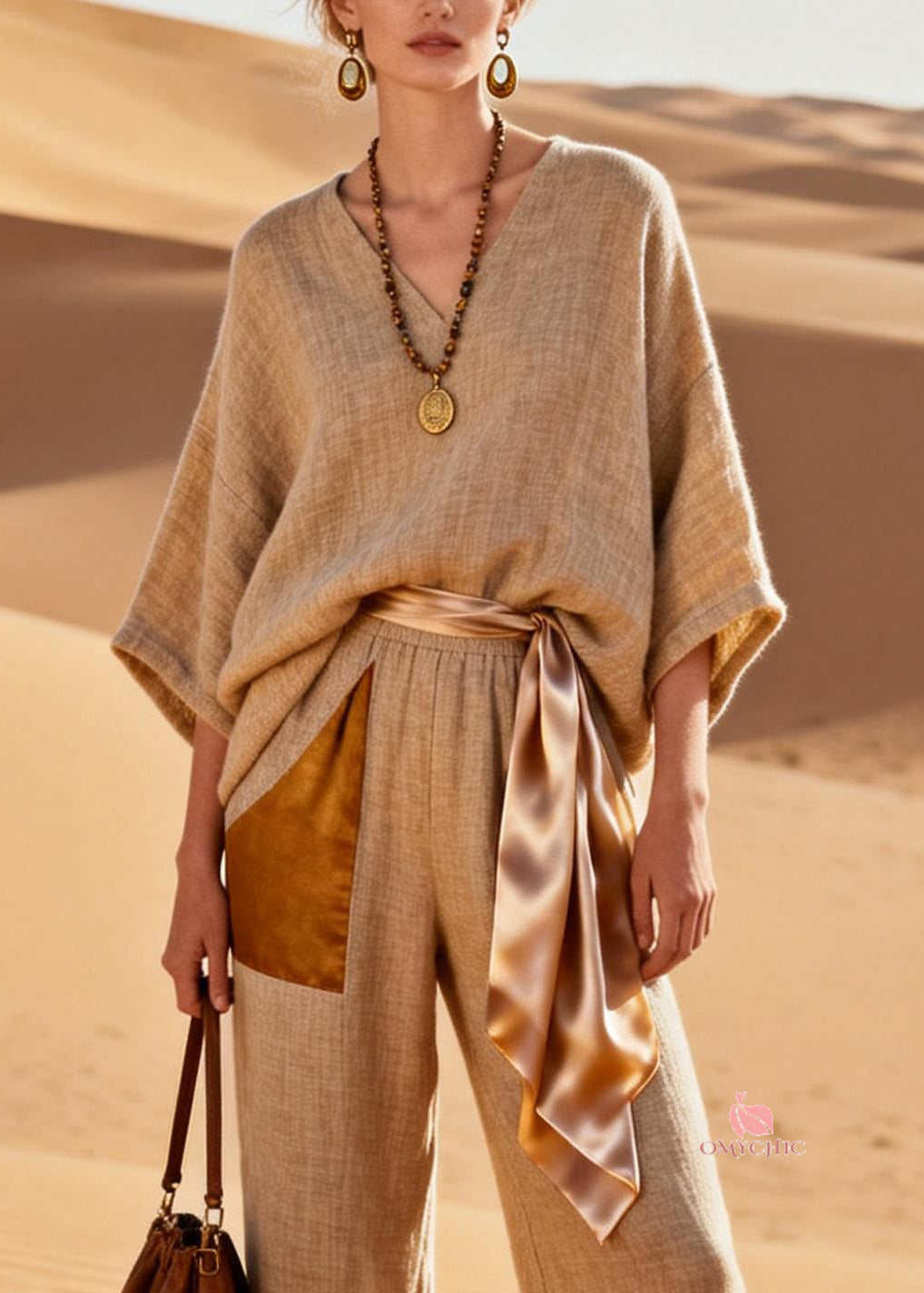 French V Neck Silk Patchwork Linen Two Pieces Set Bracelet Sleeve