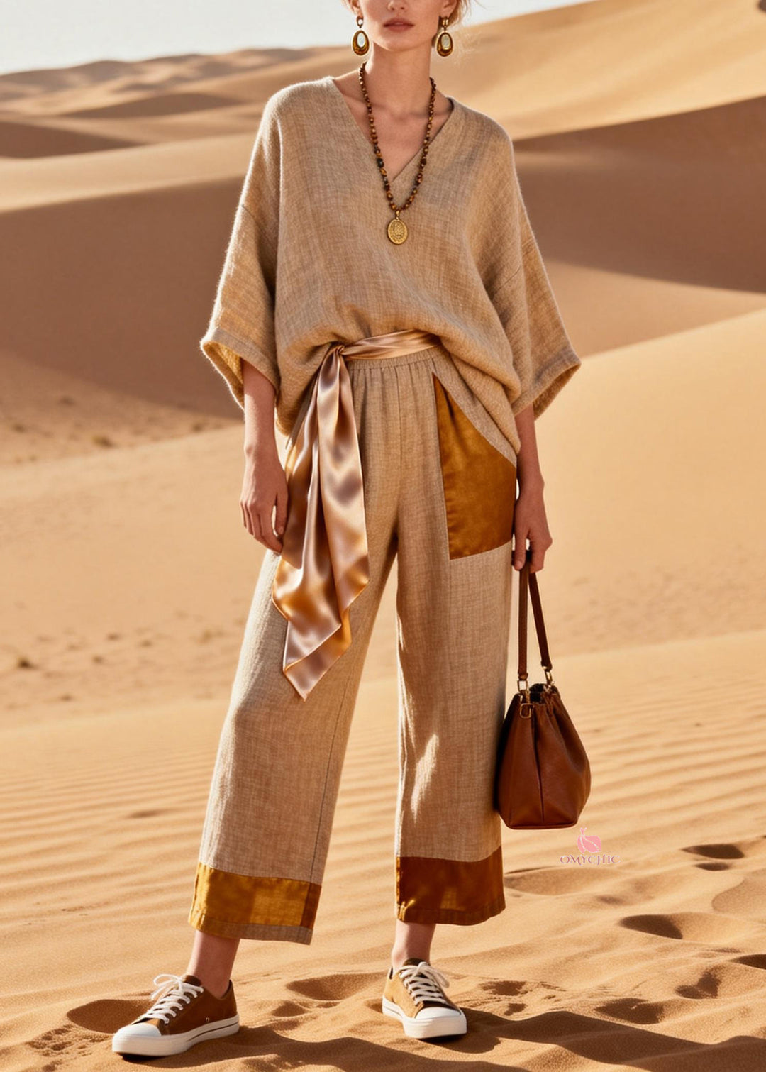 French V Neck Silk Patchwork Linen Two Pieces Set Bracelet Sleeve