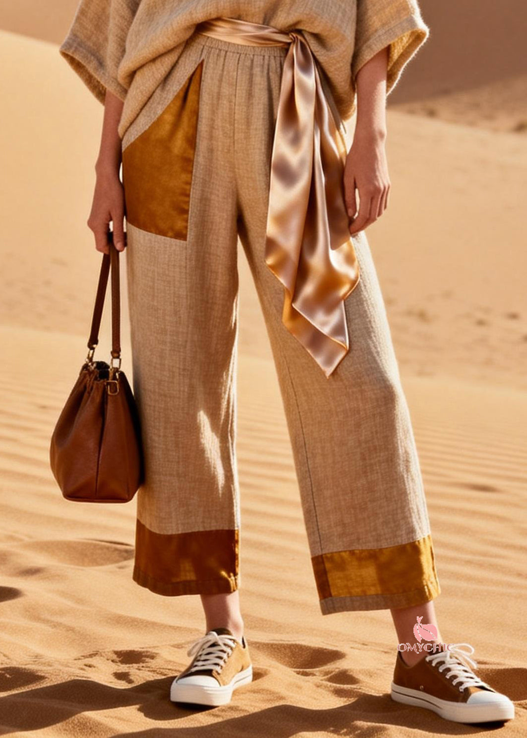 French V Neck Silk Patchwork Linen Two Pieces Set Bracelet Sleeve