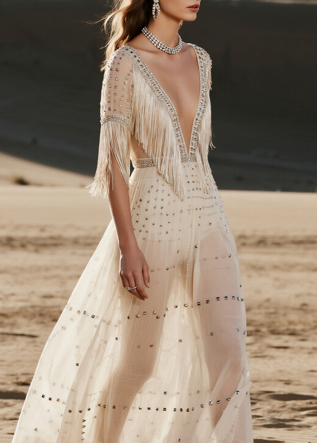 French V Neck Tassel Zircon Rivet Patchwork Chiffon Dress Summer - Omychic