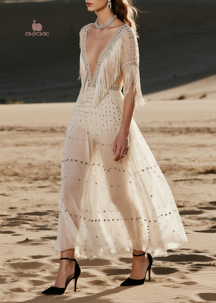 French V Neck Tassel Zircon Rivet Patchwork Chiffon Dress Summer - Omychic