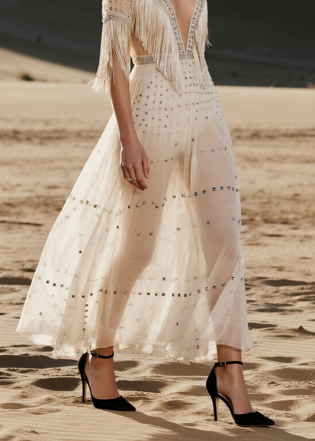 French V Neck Tassel Zircon Rivet Patchwork Chiffon Dress Summer - Omychic