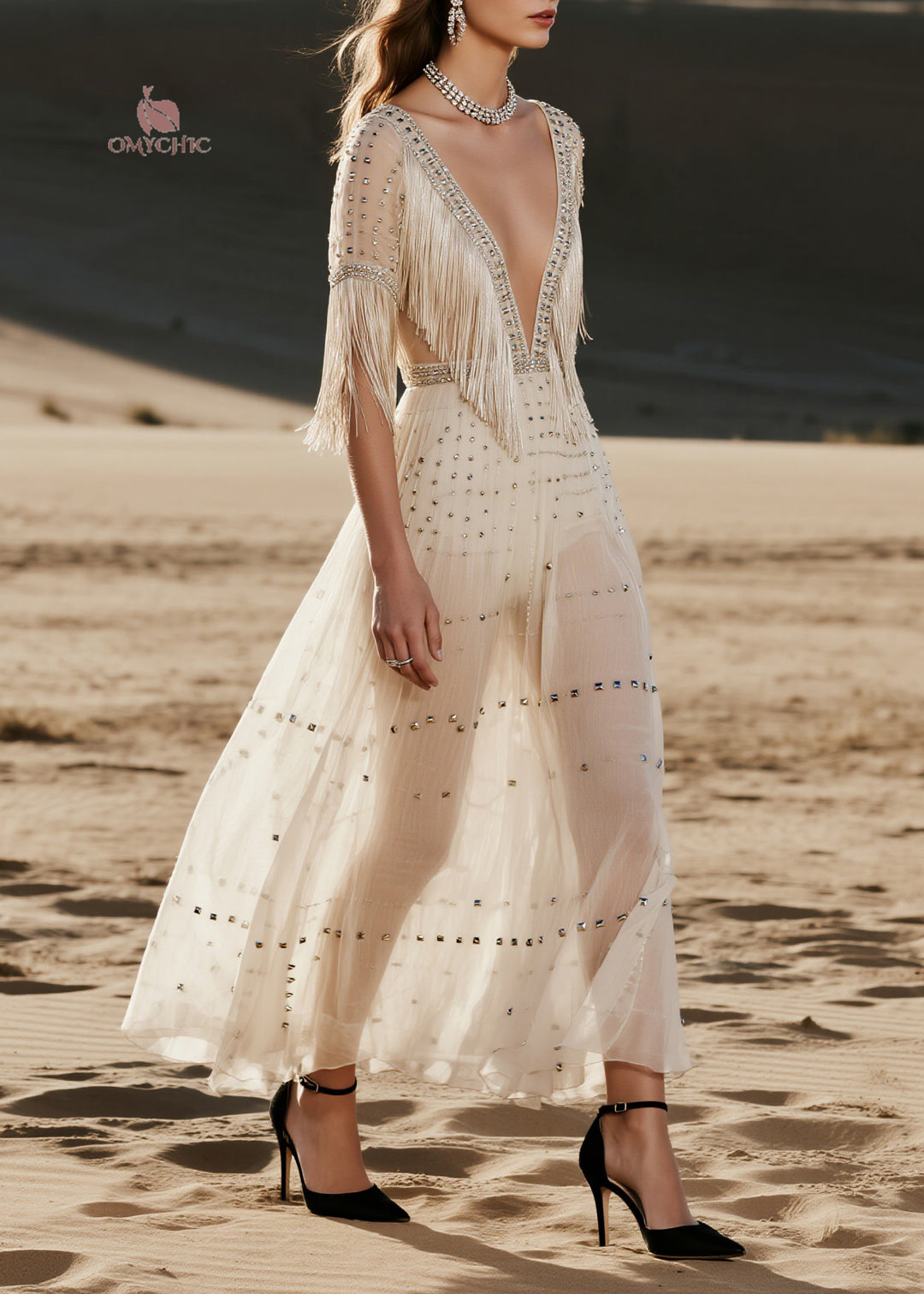 French V Neck Tassel Zircon Rivet Patchwork Chiffon Dress Summer - Omychic