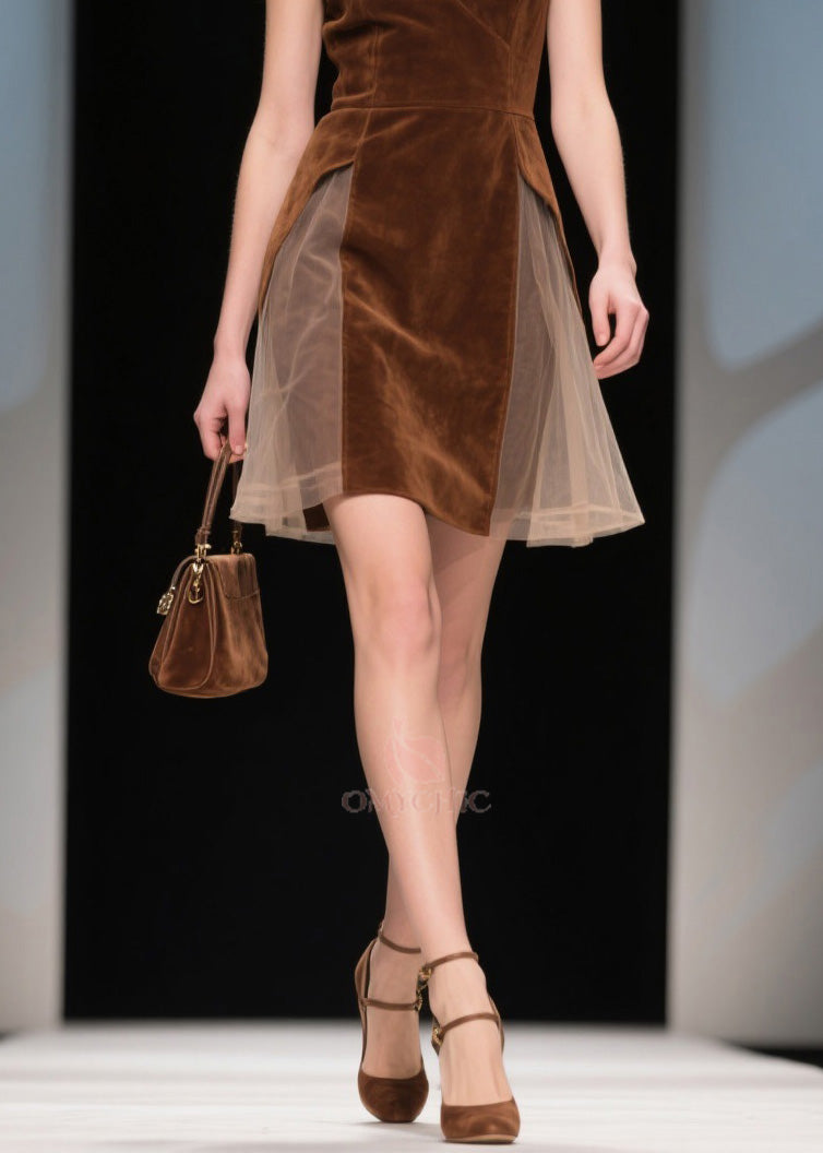 French V Neck Tulle Patchwork Velvet Dress Sleeveless