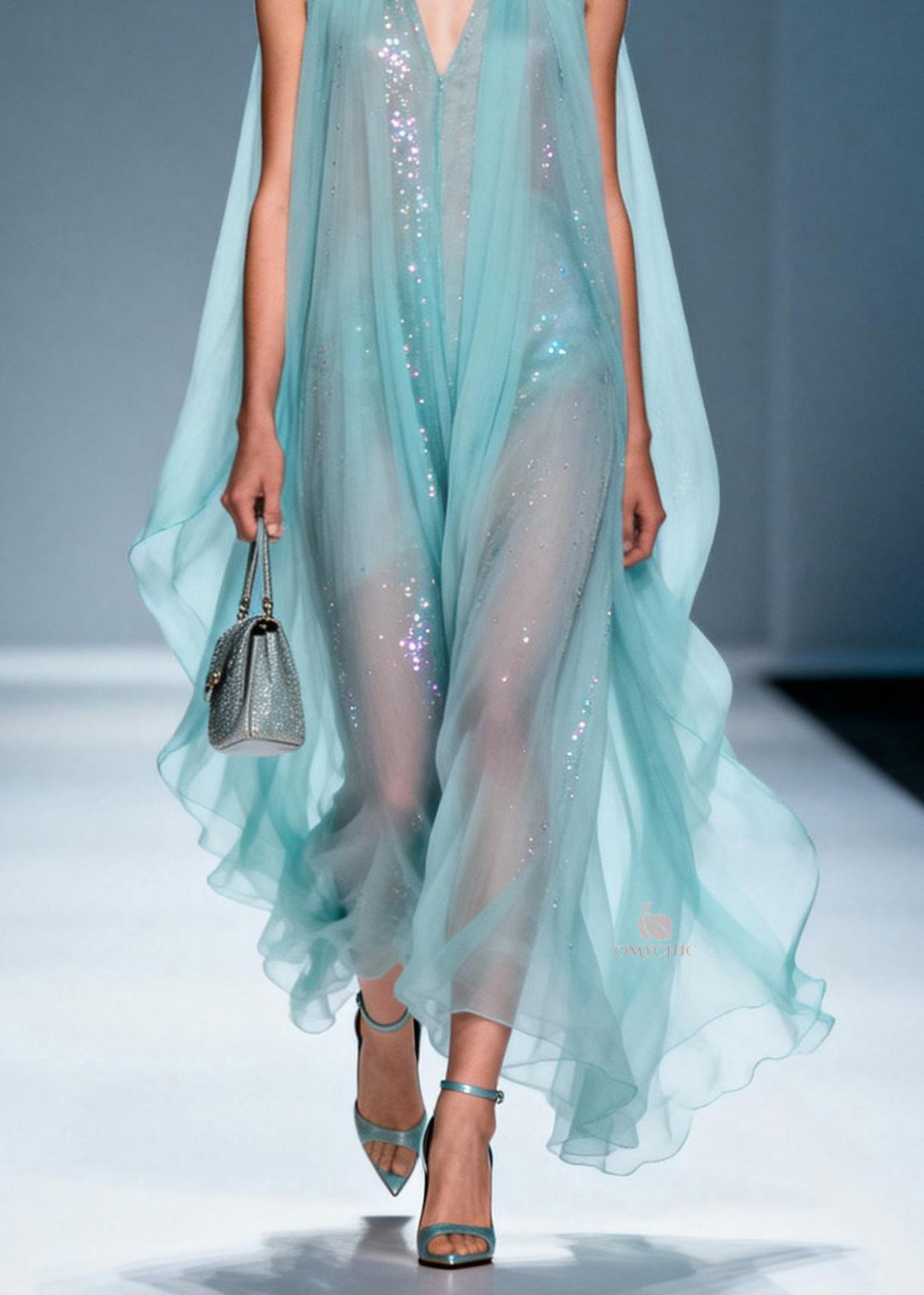French V Neck Zircon Chiffon Robe Dresses Sleeveless