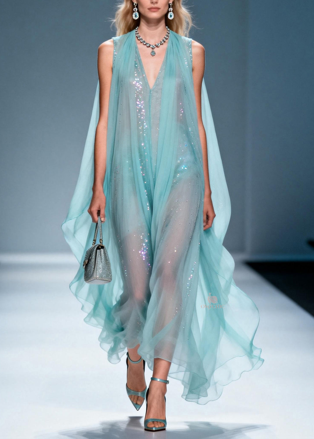 French V Neck Zircon Chiffon Robe Dresses Sleeveless