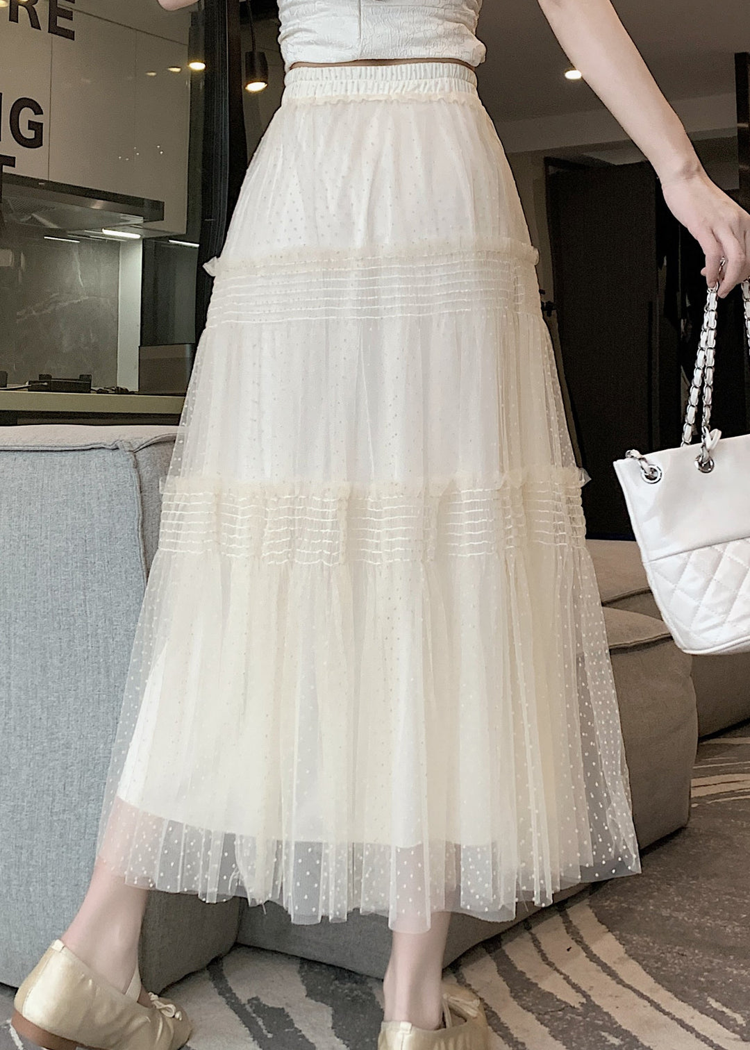 French Versatile Apricot Wrinkled Patchwork Tulle Skirt Spring