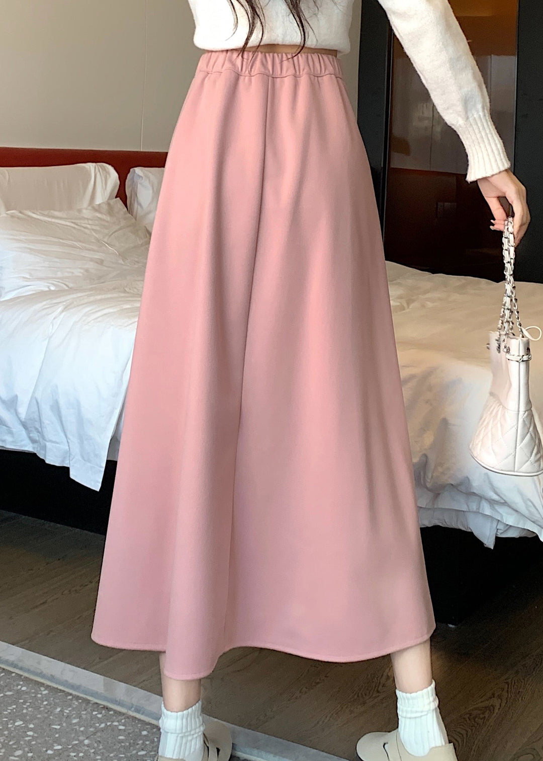 French Versatile Pink High Waist Wrinkled Skirts Spring