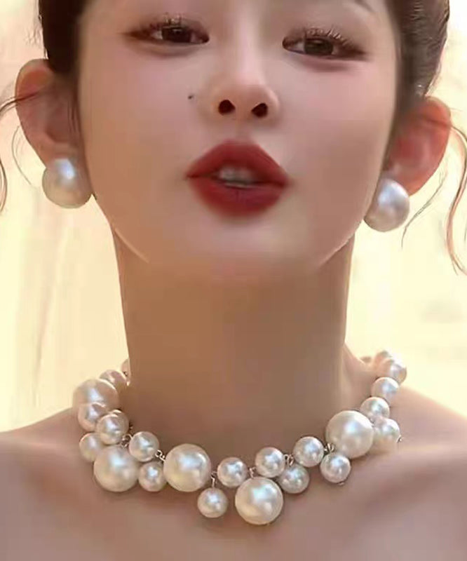 French White Alloy Pearl Gratuated Bead Necklace