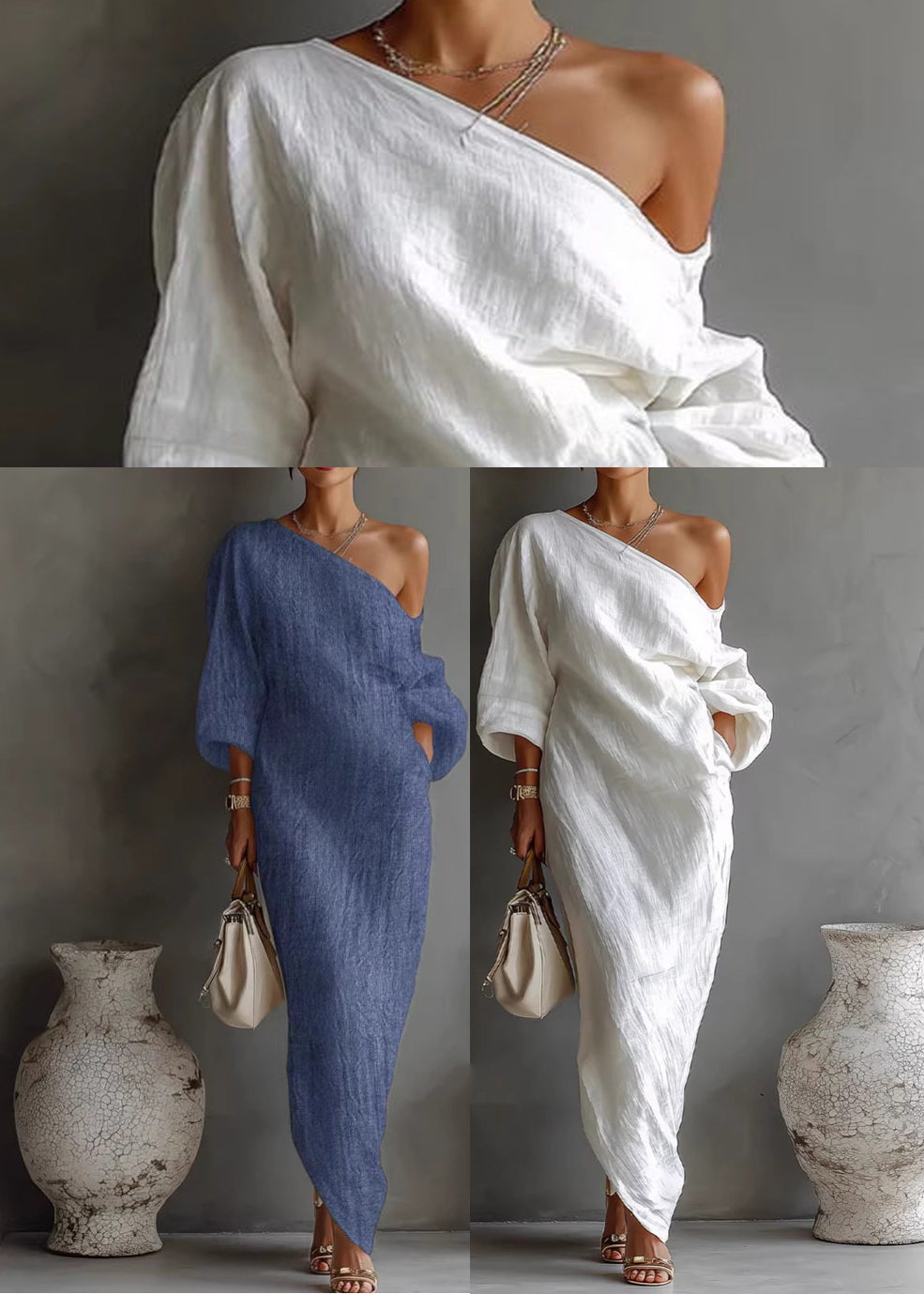 French White Asymmetrical Design Maxi Dresses Spring