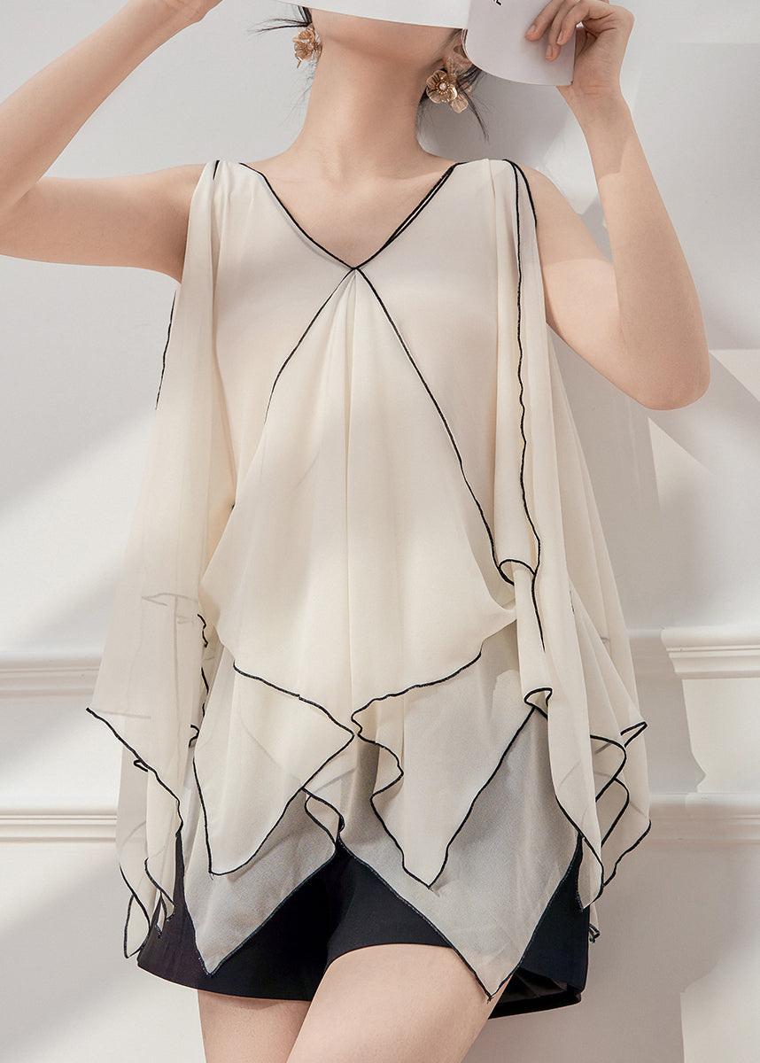 French White Asymmetrical Patchwork Chiffon Tops Sleeveless