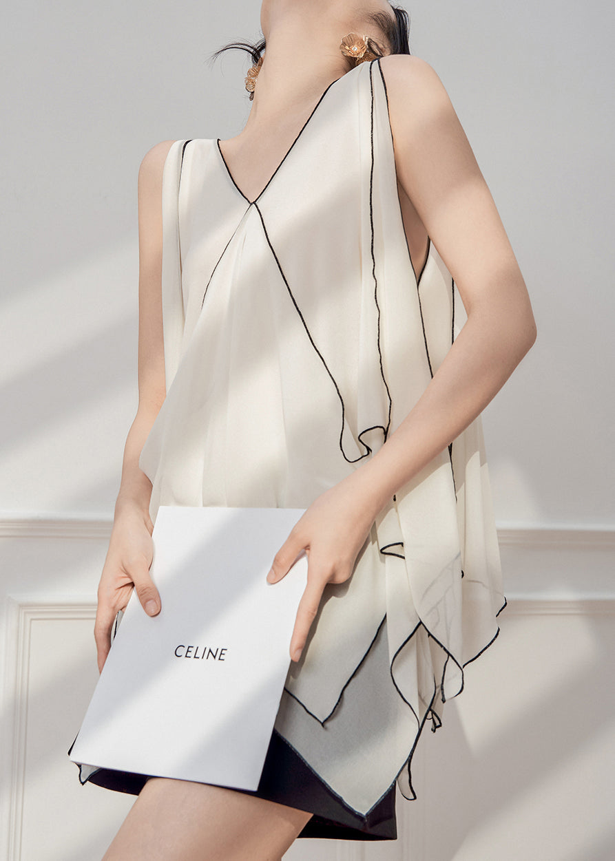French White Asymmetrical Patchwork Chiffon Tops Sleeveless