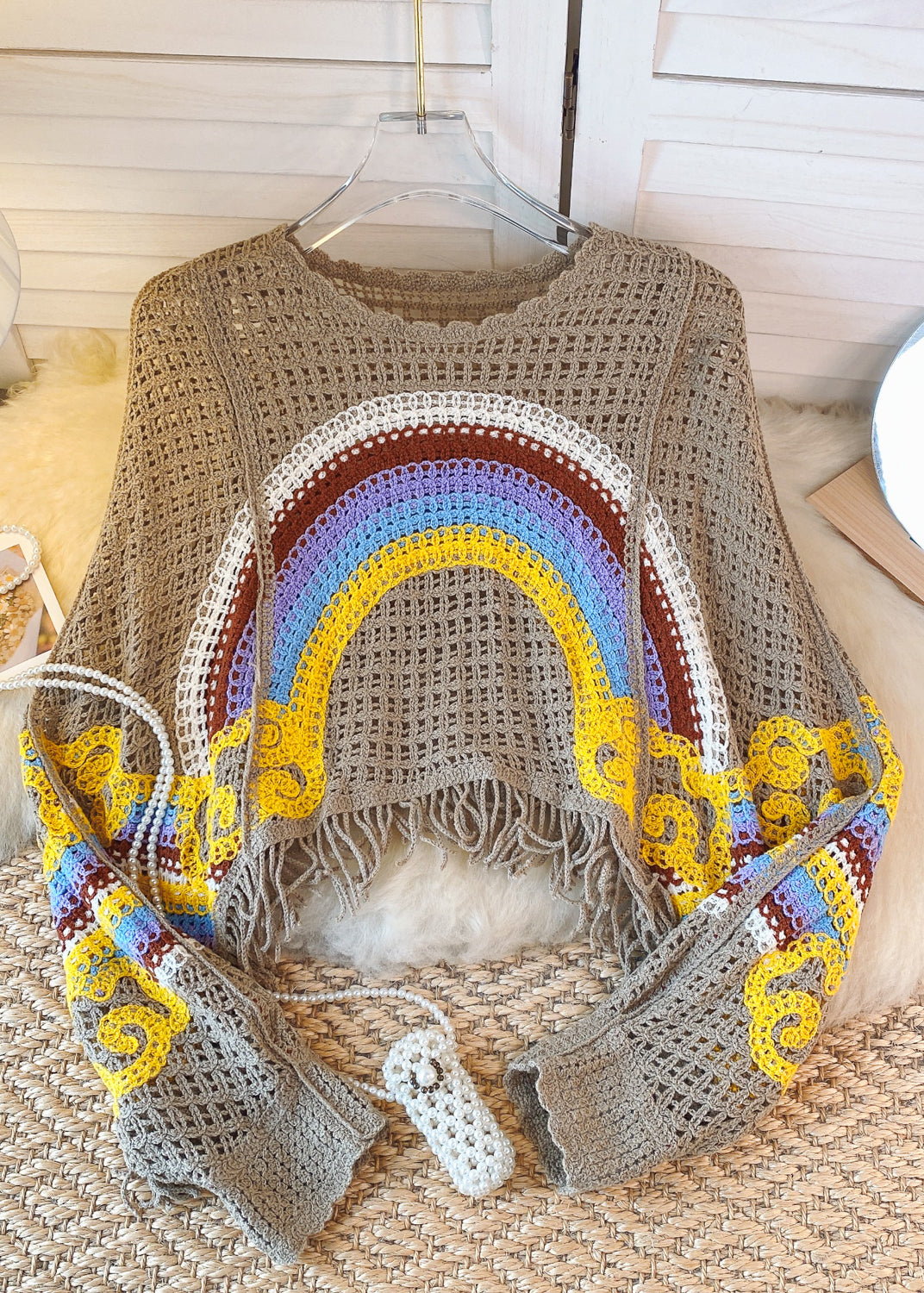 French White Blue Tassel Hollowed Out Rainbow Print Knitted Sweater Autumn