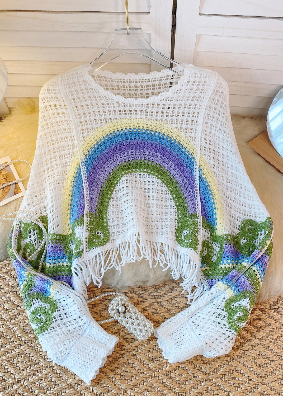 French White Blue Tassel Hollowed Out Rainbow Print Knitted Sweater Autumn