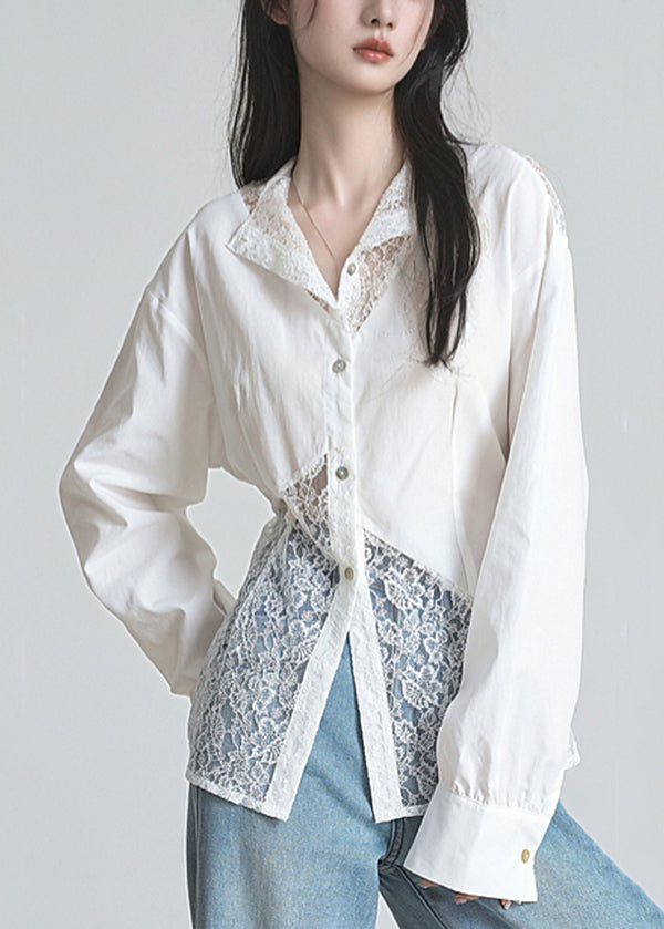 French White Button Lace Patchwork Cotton Shirts Fall
