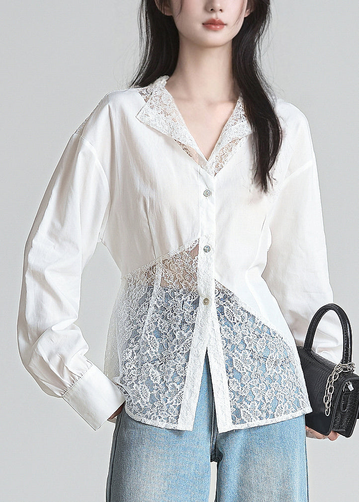 French White Button Lace Patchwork Cotton Shirts Fall