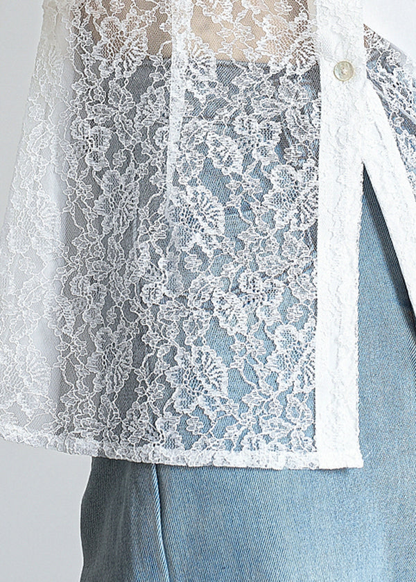 French White Button Lace Patchwork Cotton Shirts Fall