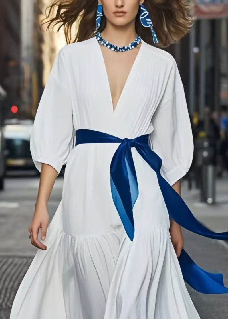 French White Cinched Chiffon Work Dress Bracelet Sleeve