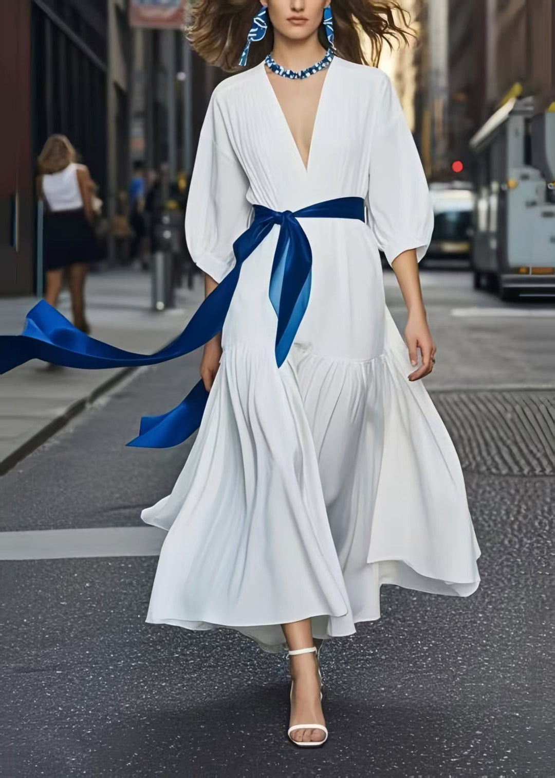 French White Cinched Chiffon Work Dress Bracelet Sleeve