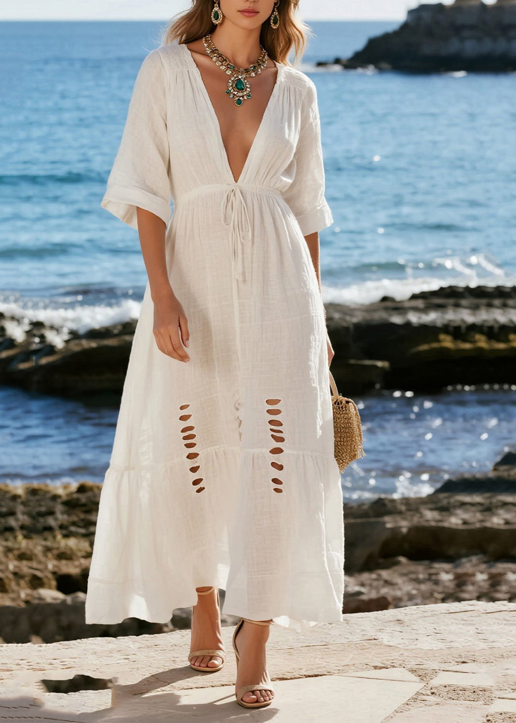 French White Cinched Ripped Cotton Beach Dress Summer