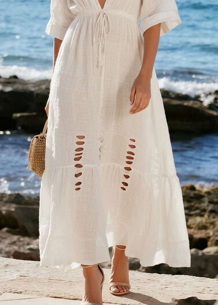 French White Cinched Ripped Cotton Beach Dress Summer