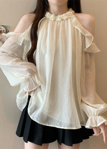 French White Cold Shoulder Chiffon Top Fall