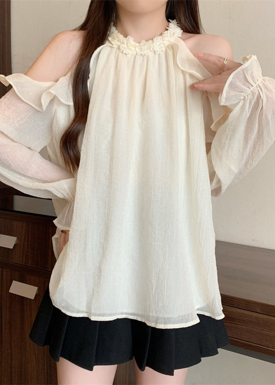 French White Cold Shoulder Chiffon Top Fall