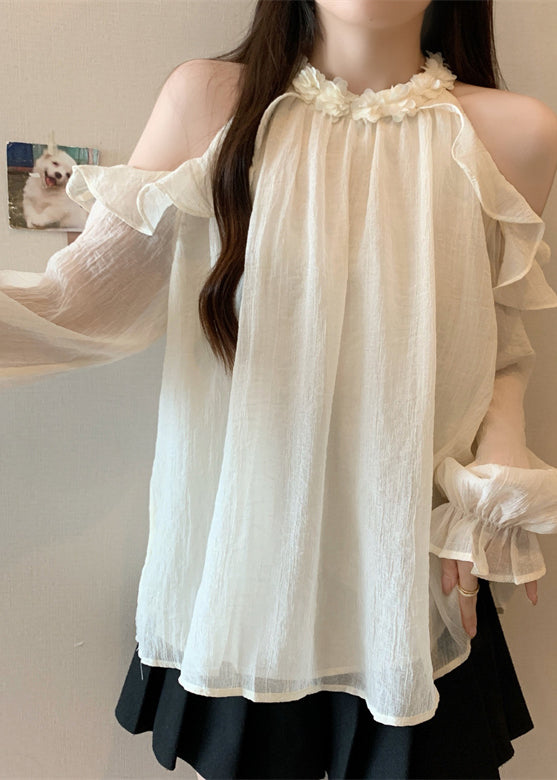 French White Cold Shoulder Chiffon Top Fall