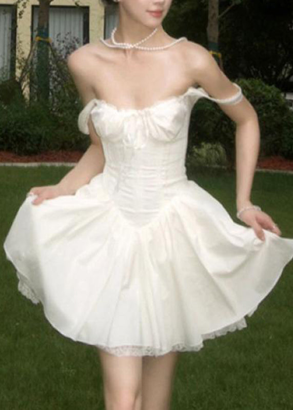 French White Cold Shoulder Solid Mid Dress Summer