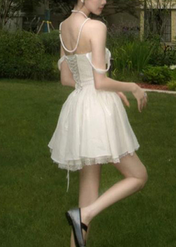 French White Cold Shoulder Solid Mid Dress Summer