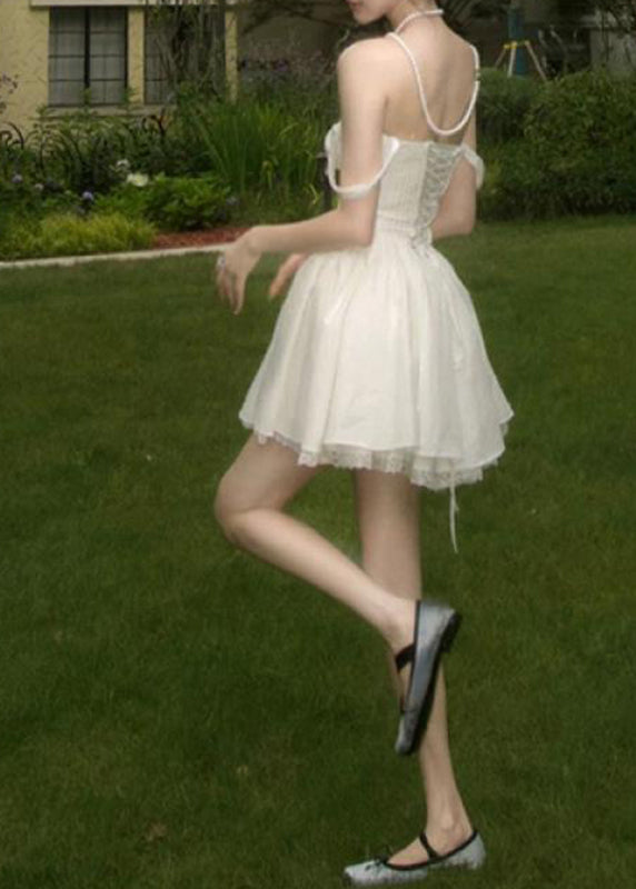 French White Cold Shoulder Solid Mid Dress Summer
