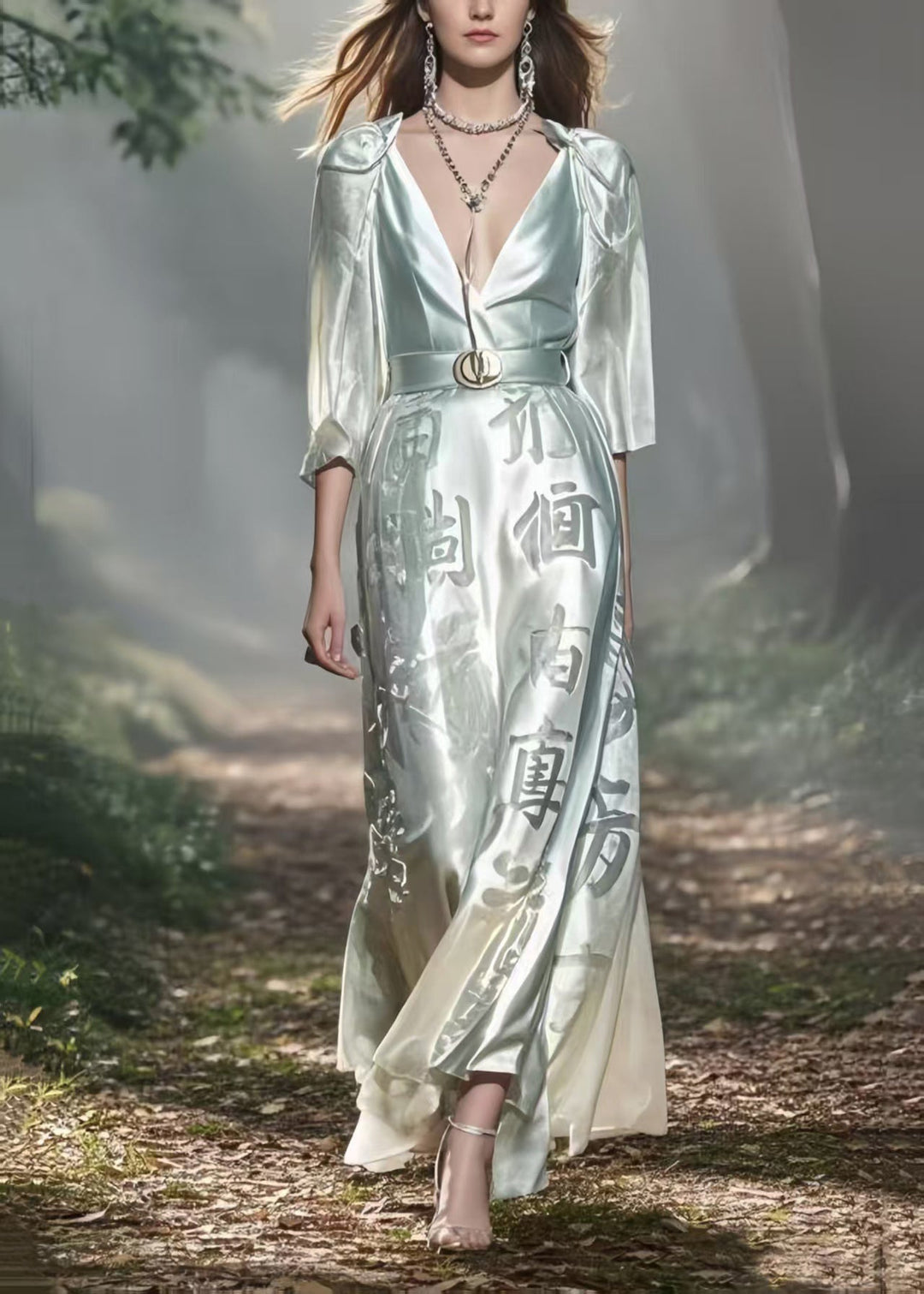 French White Deep-V Neck Print Silk Long Dress Bracelet Sleeve