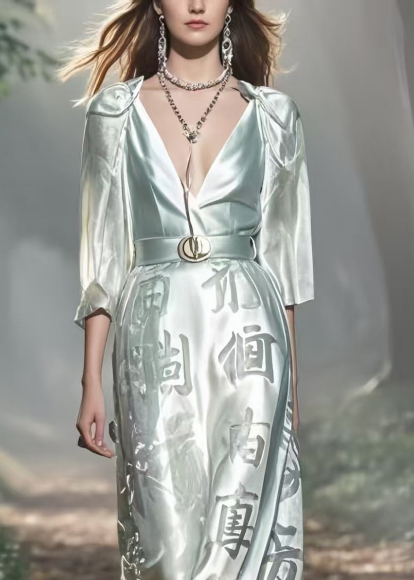 French White Deep-V Neck Print Silk Long Dress Bracelet Sleeve