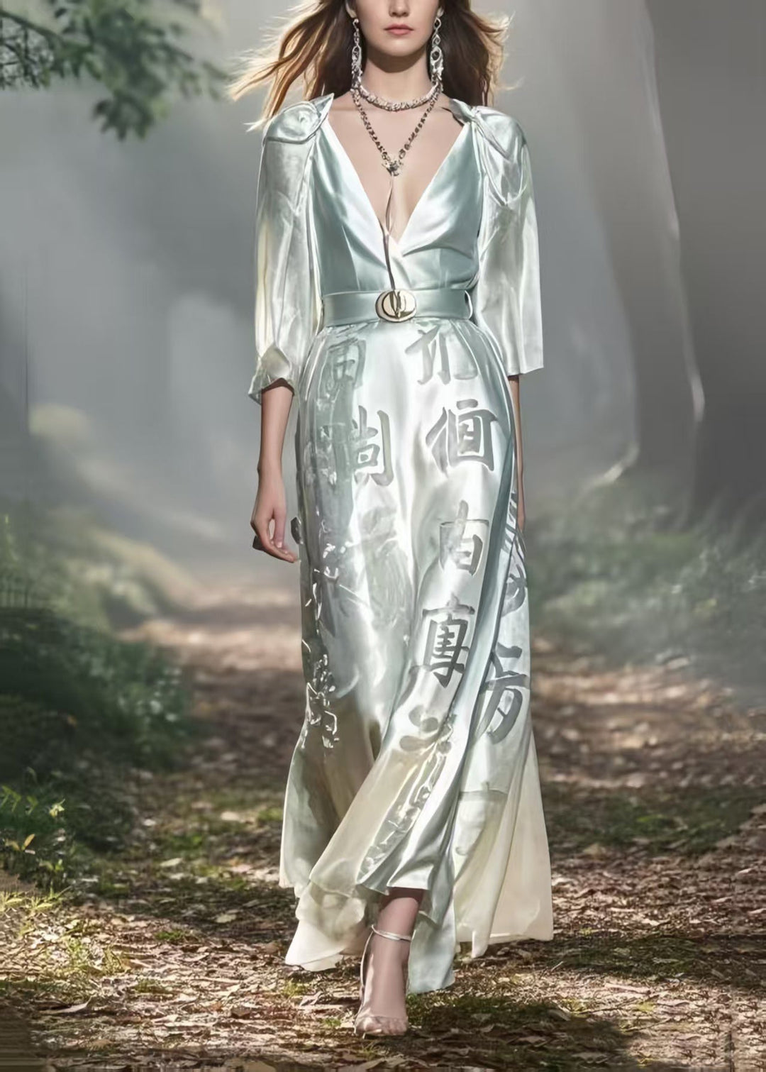 French White Deep-V Neck Print Silk Long Dress Bracelet Sleeve