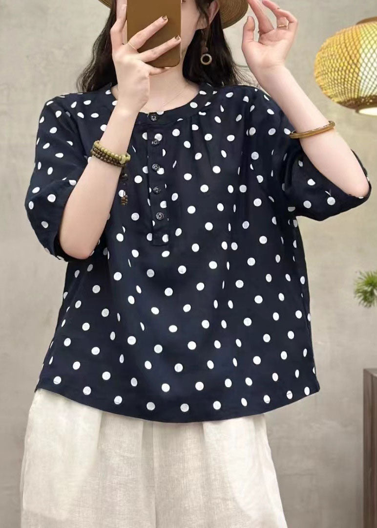French White Dot O Neck Button Linen Top Summer