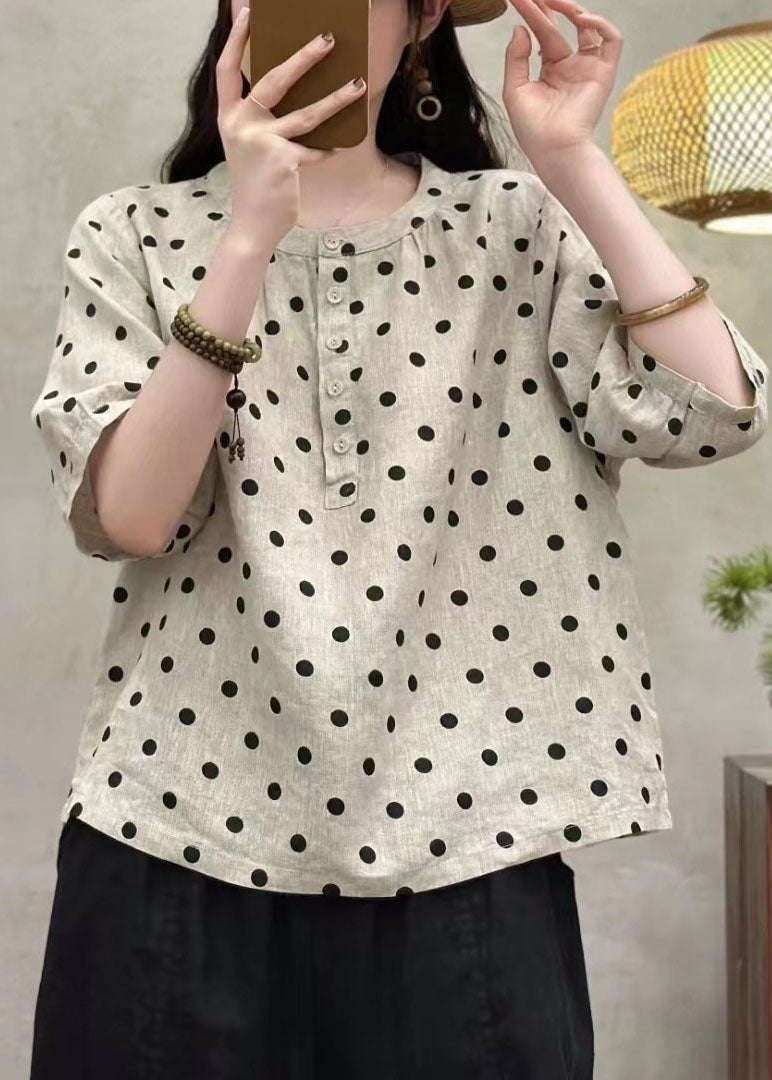 French White Dot O Neck Button Linen Top Summer