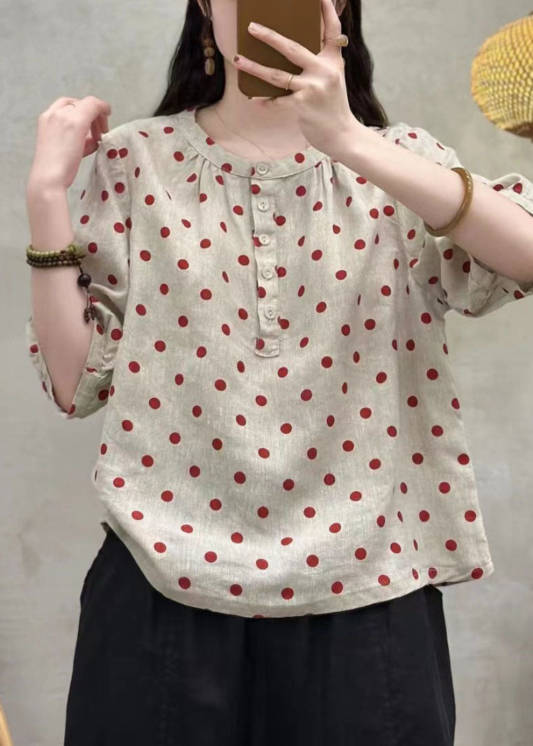 French White Dot O Neck Button Linen Top Summer